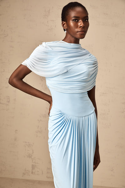 Catherine asymmetrical pleated maxi dress in Baby-blue