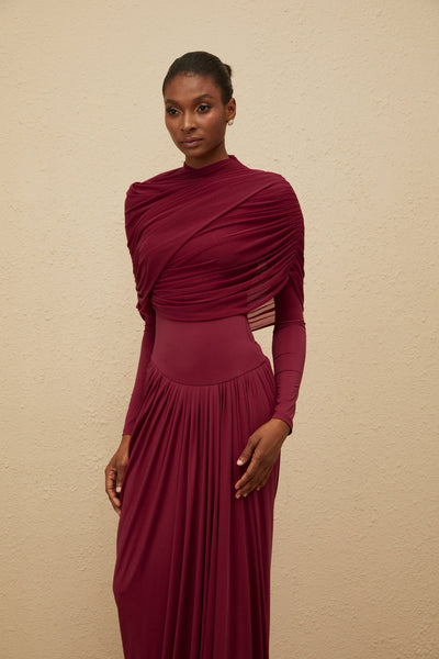 Catherine Red Asymmetrical Pleated Long-Sleeve Maxi Dress