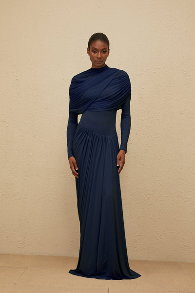 Catherine Navy-Blue Asymmetrical Pleated Long-Sleeve Maxi Dress