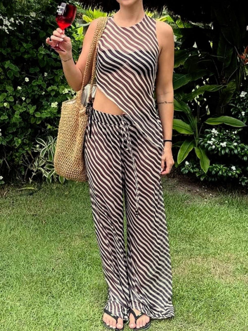 Sleeveless Diagonal Striped Sheer Irregular Top & Pants Set