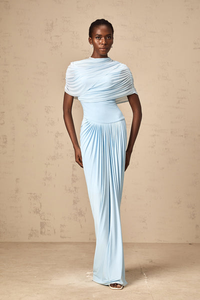 Catherine asymmetrical pleated maxi dress in Baby-blue