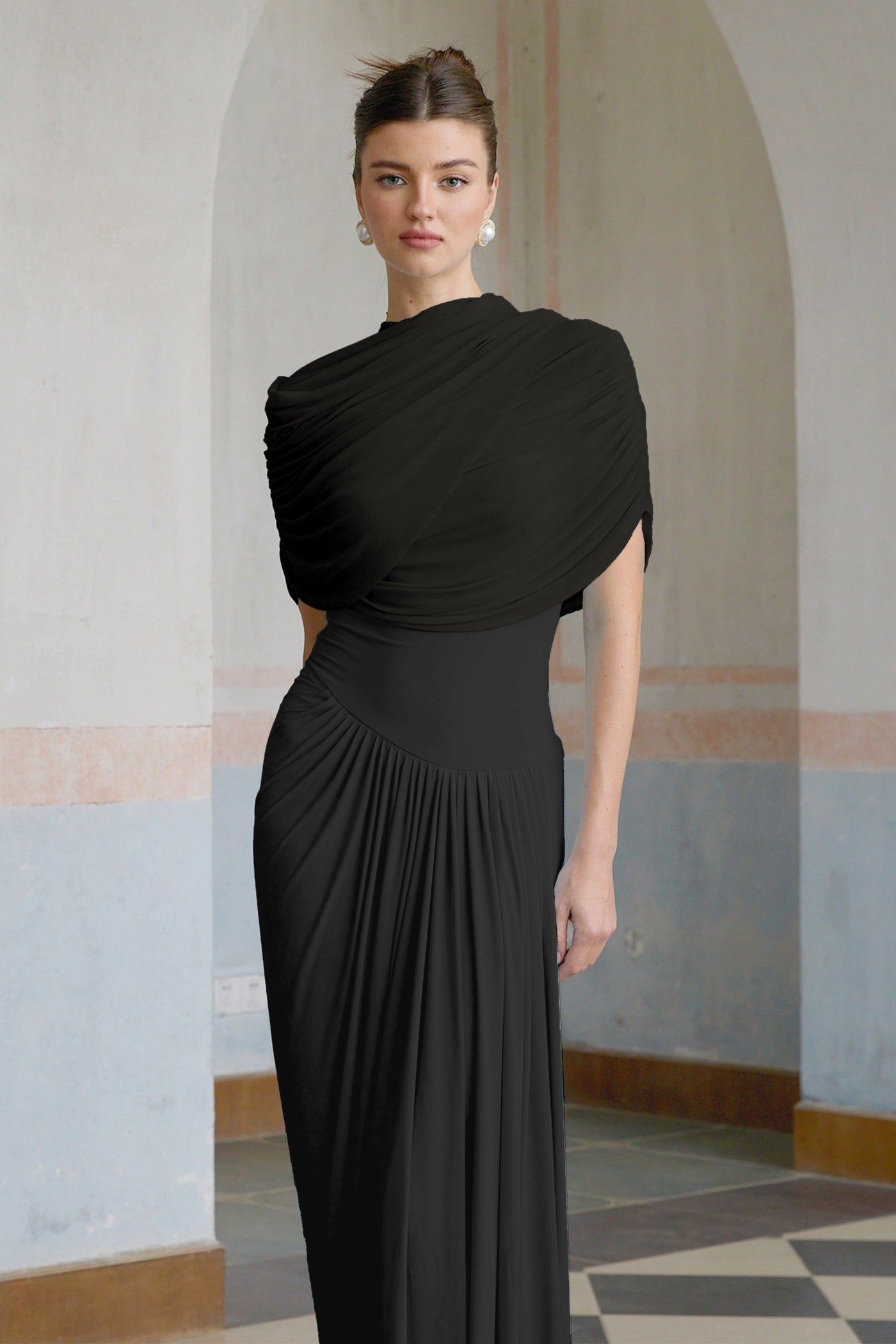 Catherine Black Asymmetrical Pleated Maxi Dress