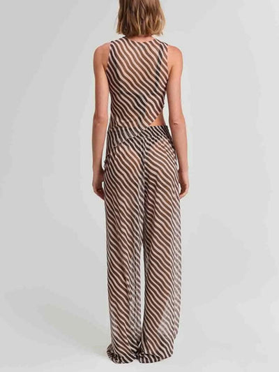 Sleeveless Diagonal Striped Sheer Irregular Top & Pants Set