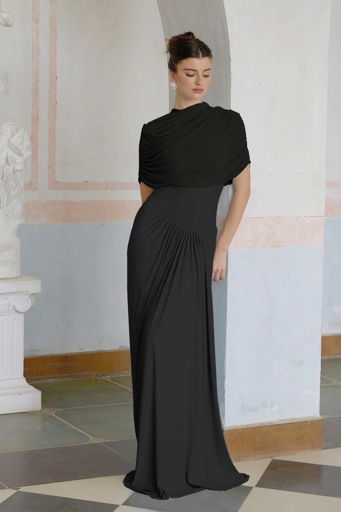 Catherine Black Asymmetrical Pleated Maxi Dress