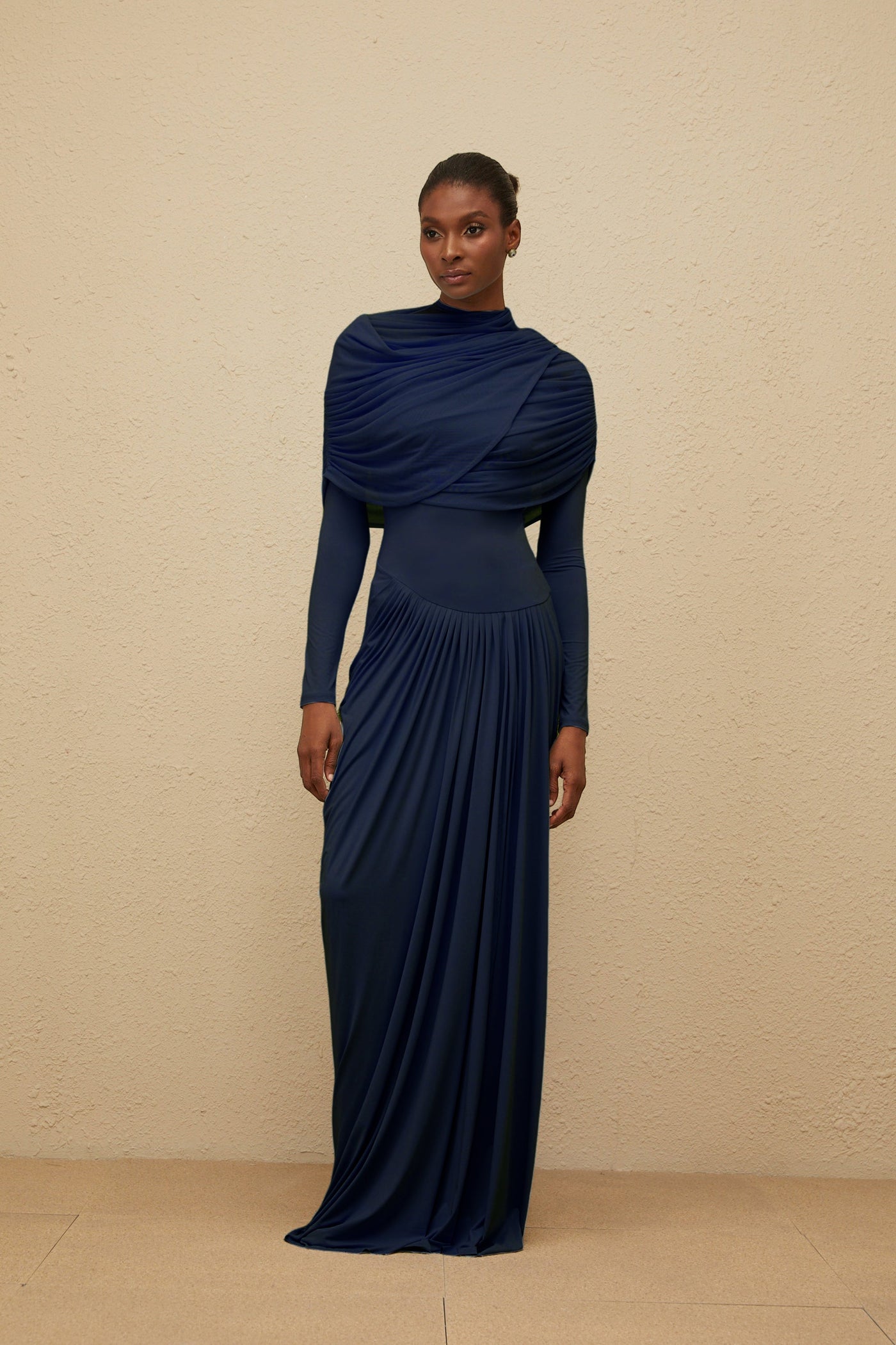 Catherine Navy-Blue Asymmetrical Pleated Long-Sleeve Maxi Dress