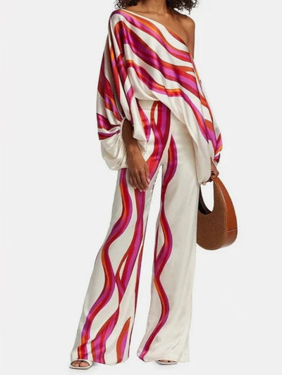 Satin Printed Loose-fitting Boat Neck Top and Pants Two-piece Set