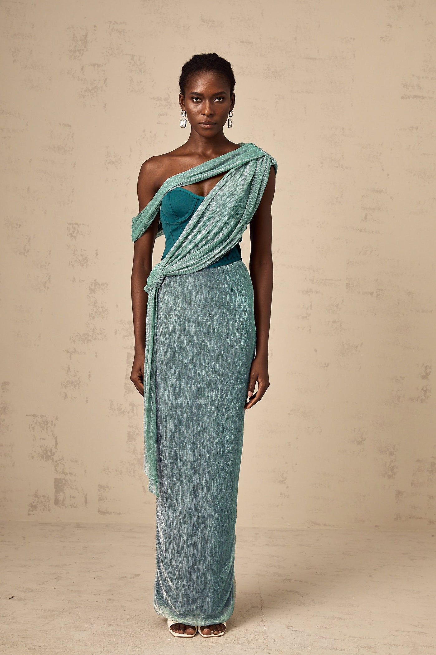 Delphine ribbon-design corset maxi dress in Green