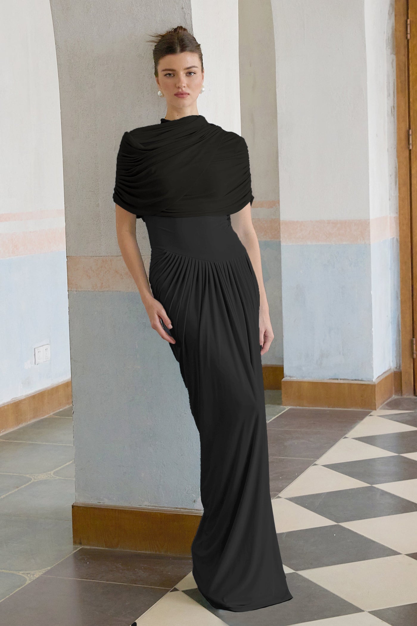 Catherine Black Asymmetrical Pleated Maxi Dress