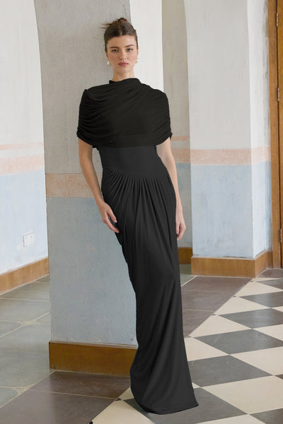 Catherine Black Asymmetrical Pleated Maxi Dress