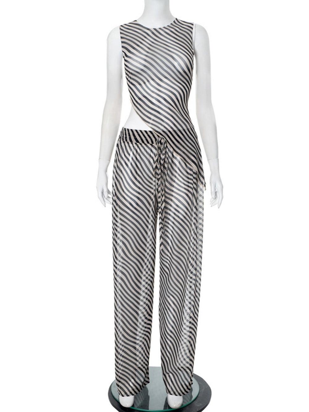 Sleeveless Diagonal Striped Sheer Irregular Top & Pants Set