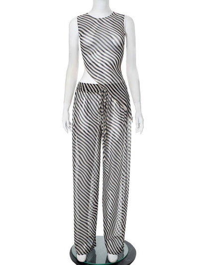 Sleeveless Diagonal Striped Sheer Irregular Top & Pants Set