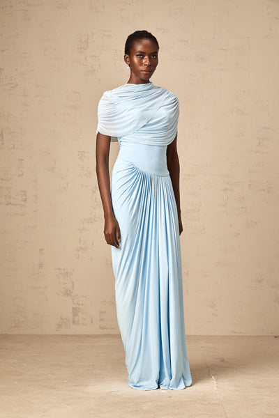 Catherine asymmetrical pleated maxi dress in Baby-blue