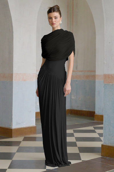 Catherine Black Asymmetrical Pleated Maxi Dress
