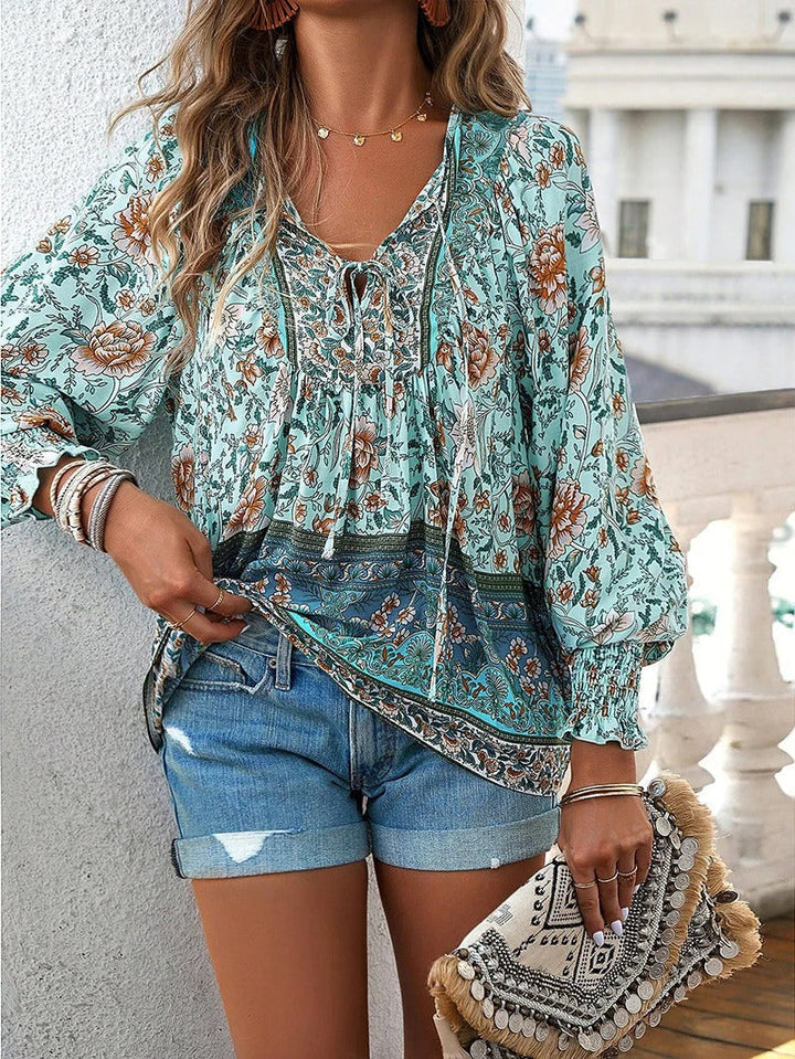 Boho Print V-Neck Blouse with Flowy Relaxed Fit