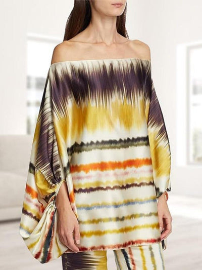 Satin Printed Loose-fitting Boat Neck Top and Pants Two-piece Set