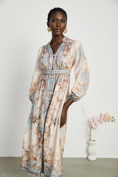 Camille floral-print long-sleeve boho dress
