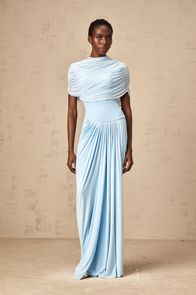 Catherine asymmetrical pleated maxi dress in Baby-blue