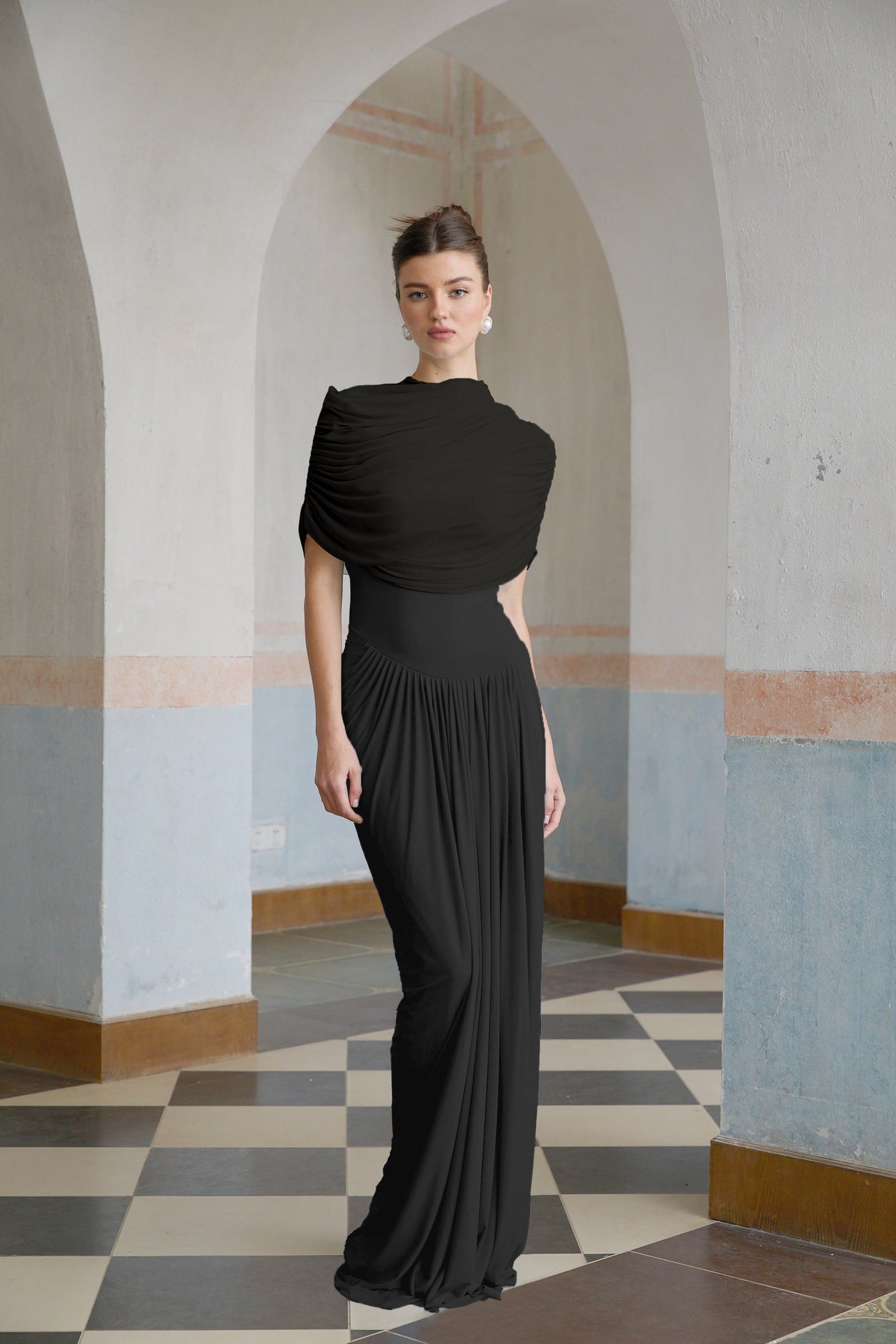 Catherine Black Asymmetrical Pleated Maxi Dress