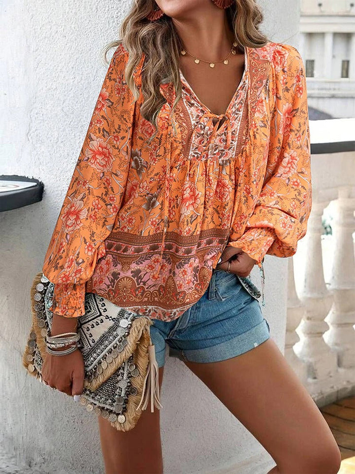 Boho Print V-Neck Blouse with Flowy Relaxed Fit