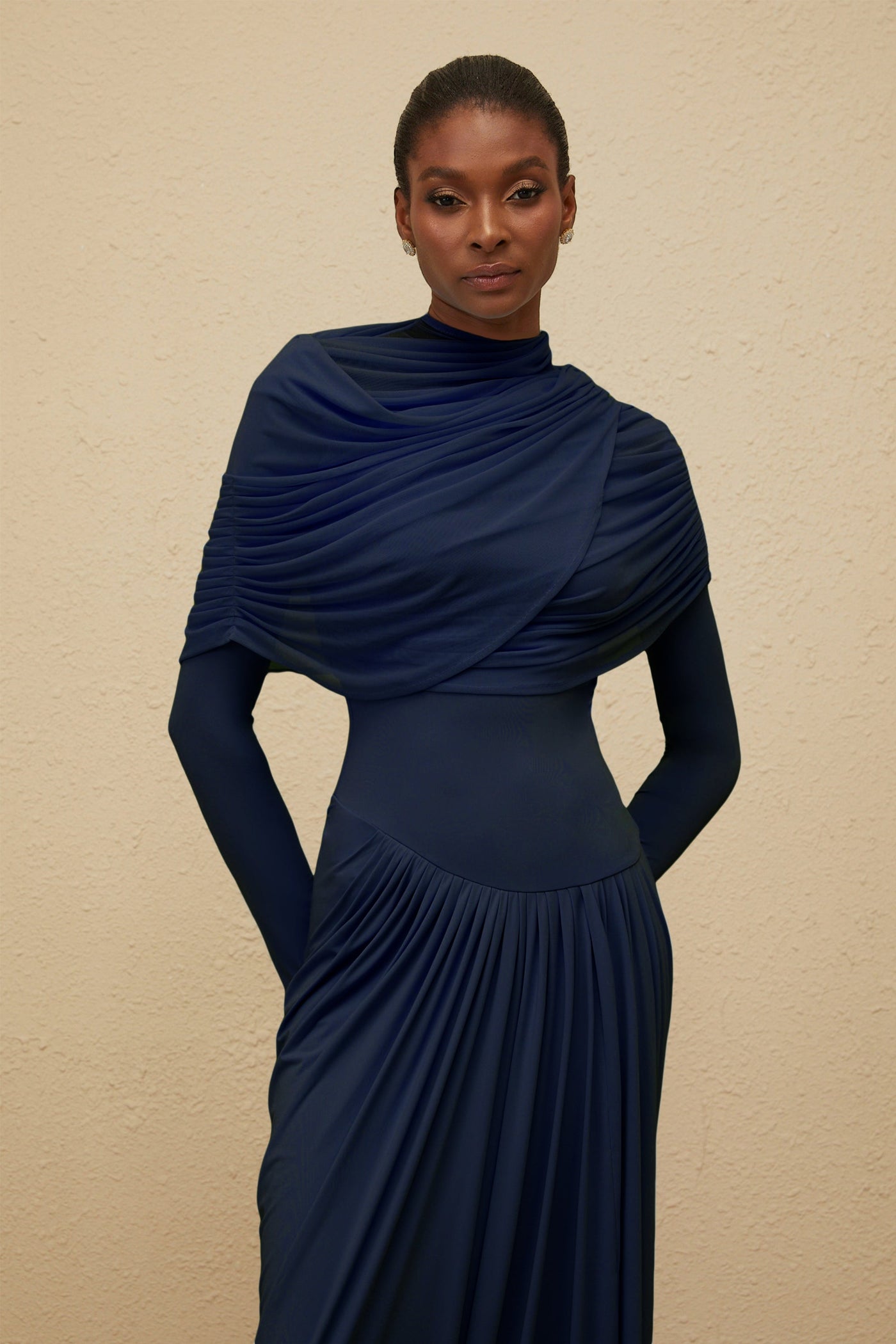 Catherine Navy-Blue Asymmetrical Pleated Long-Sleeve Maxi Dress