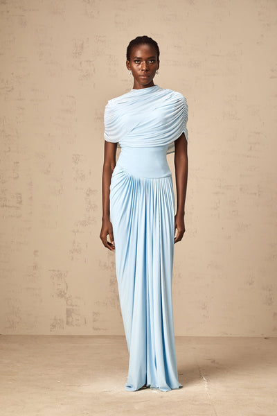 Catherine asymmetrical pleated maxi dress in Baby-blue
