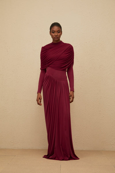 Catherine Red Asymmetrical Pleated Long-Sleeve Maxi Dress