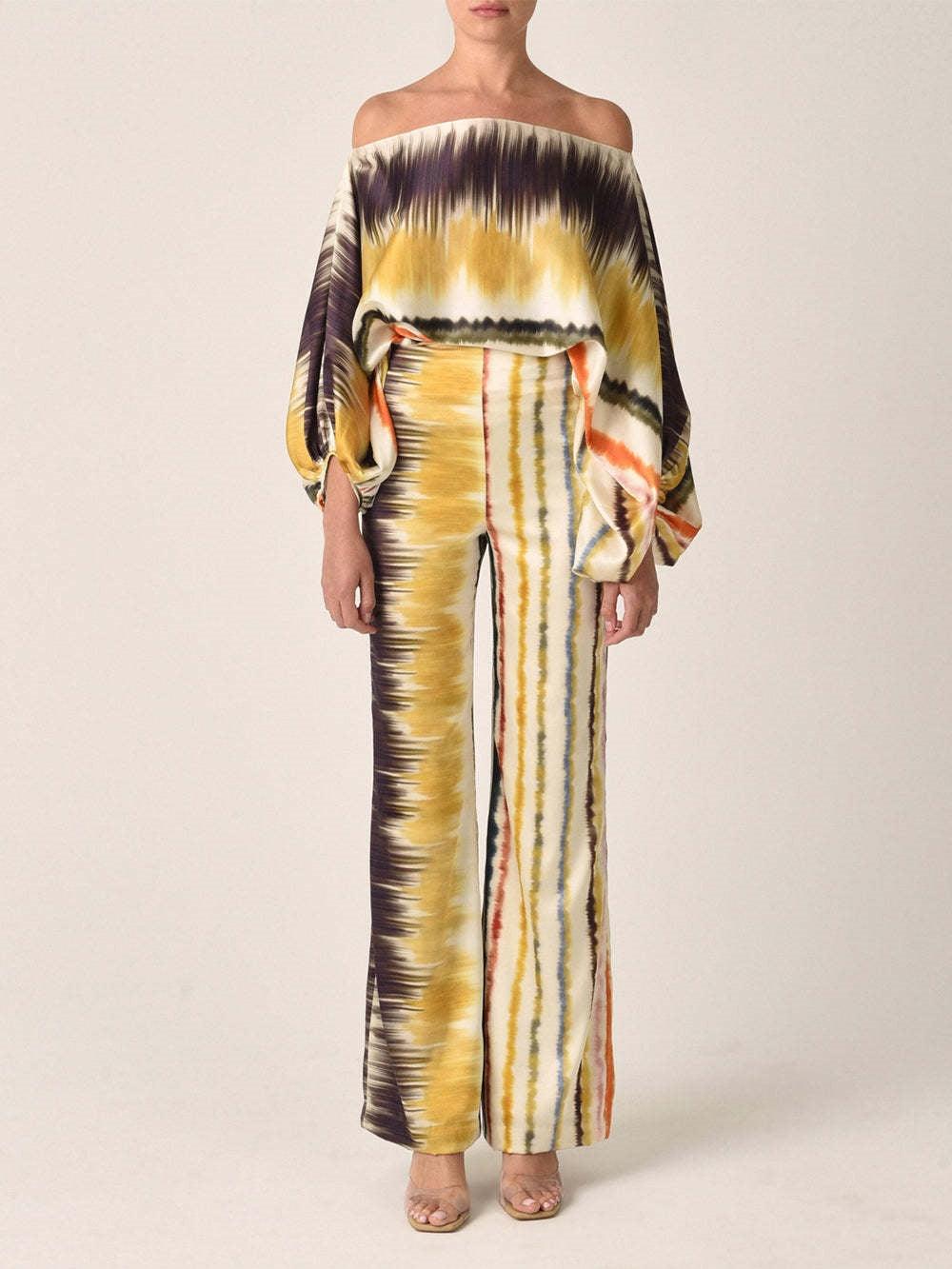 Satin Printed Loose-fitting Boat Neck Top and Pants Two-piece Set
