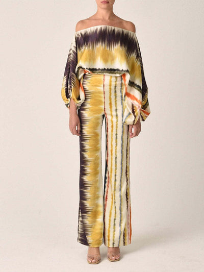 Satin Printed Loose-fitting Boat Neck Top and Pants Two-piece Set