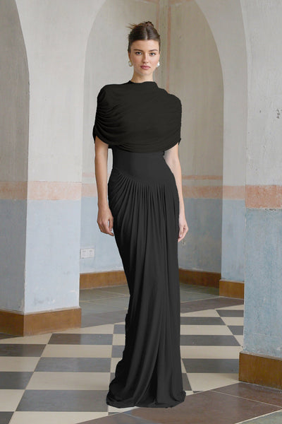 Catherine Black Asymmetrical Pleated Maxi Dress