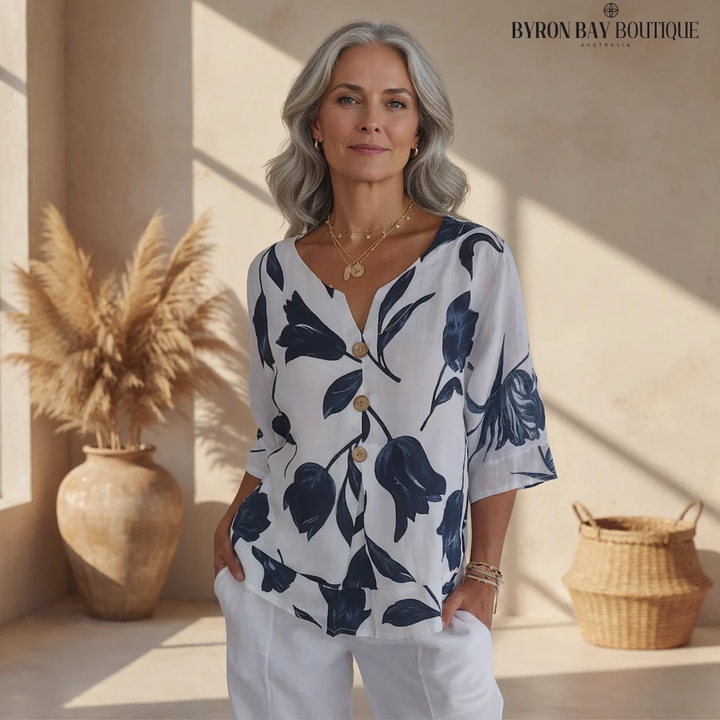 Floral Print V-Neck Blouse with Relaxed Everyday Fit