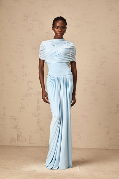 Catherine asymmetrical pleated maxi dress in Baby-blue