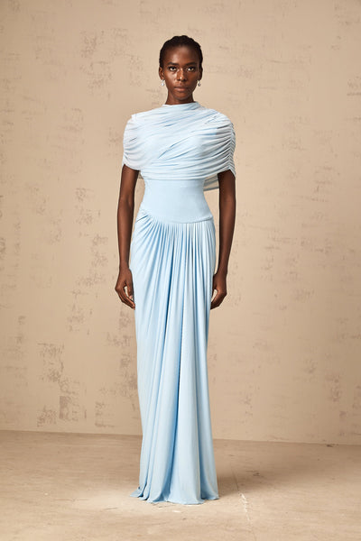 Catherine asymmetrical pleated maxi dress in Baby-blue