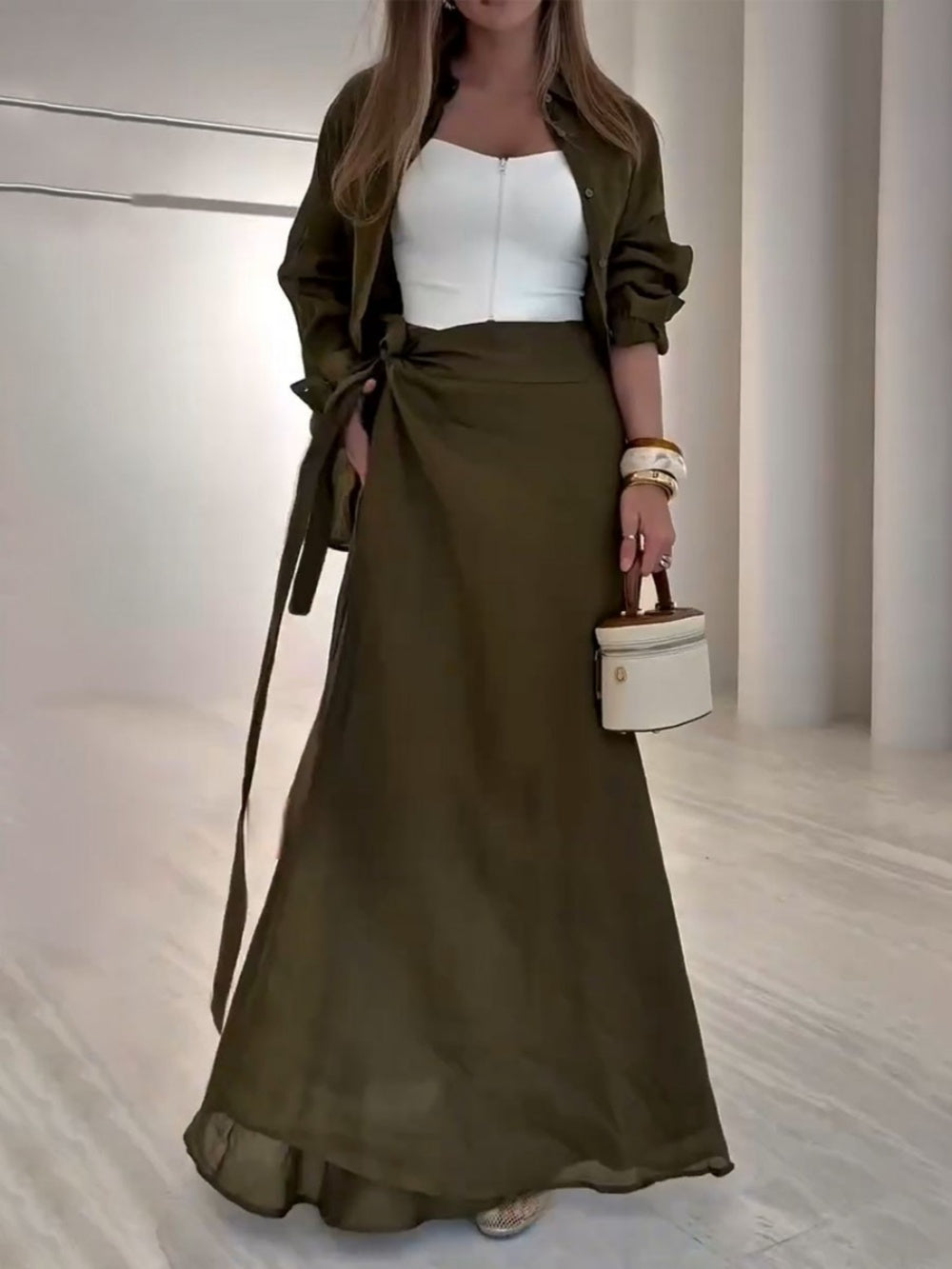 Olive green lace-up casual two-piece set