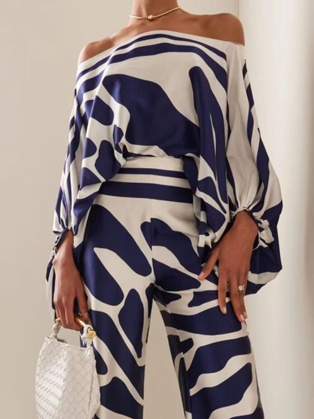 Satin Printed Loose-fitting Boat Neck Top and Pants Two-piece Set