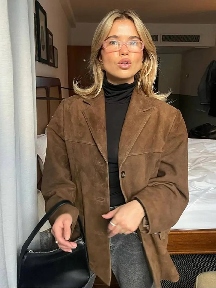 Elegant Oversized Brown Suede Fall Jacket