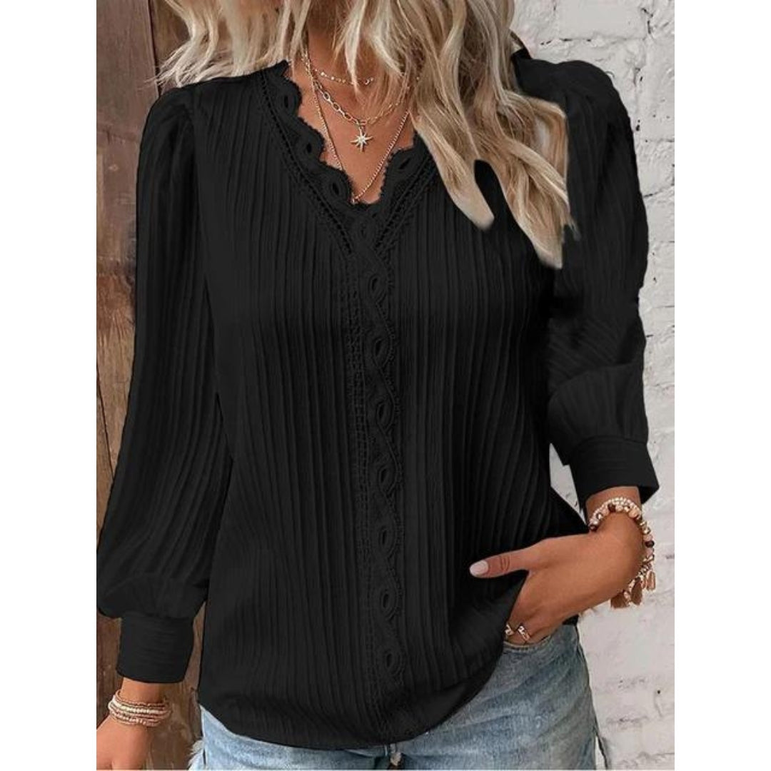 Textured V-Neck Long Sleeve Blouse with Relaxed Fit
