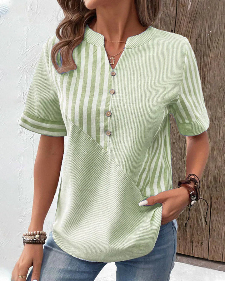 Striped Button Front Short Sleeve Blouse with Relaxed Fit