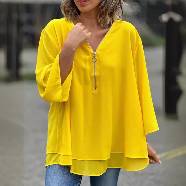 Flowy V-Neck Long Sleeve Blouse with Relaxed Fit