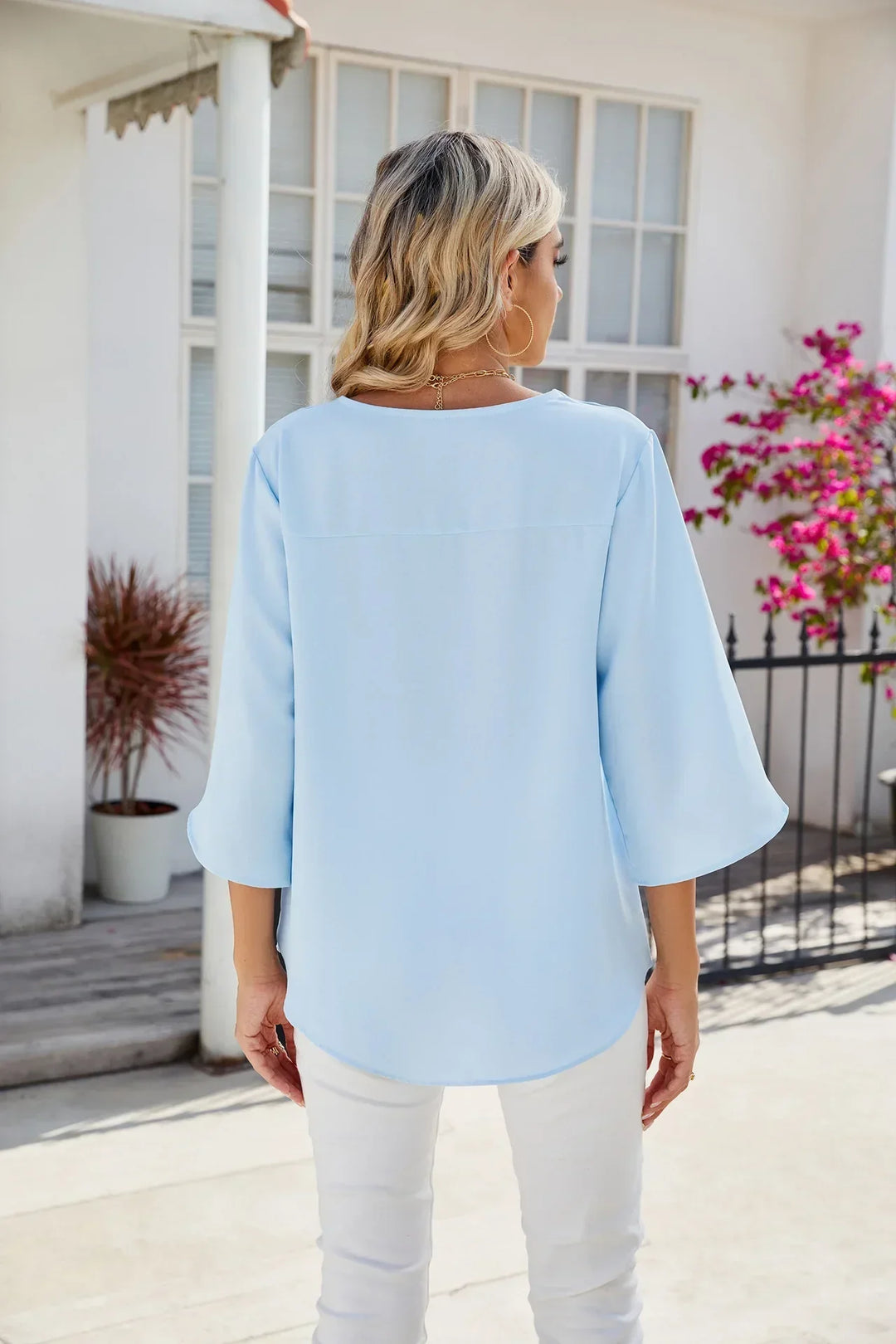 V-Neck Three Quarter Sleeve Top with Relaxed Fit