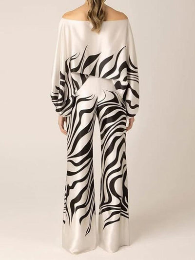 Satin Printed Loose-fitting Boat Neck Top and Pants Two-piece Set