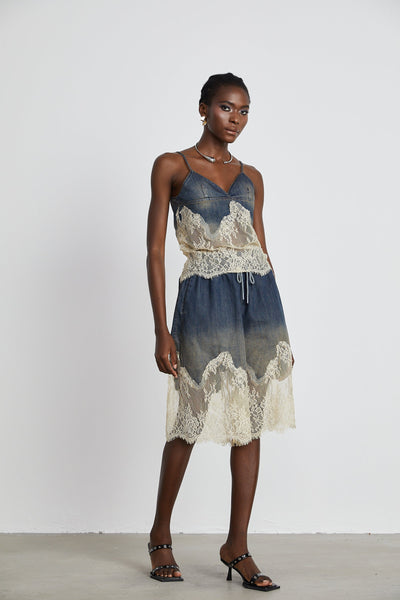 Sylvie lace-detail denim top & shorts matching set