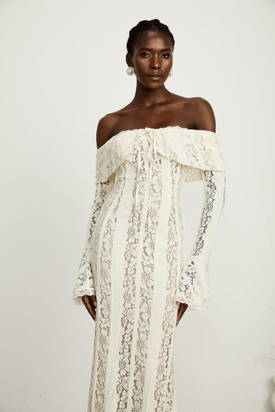 Émeline floral lace flared-cuff maxi dress in Neutrals