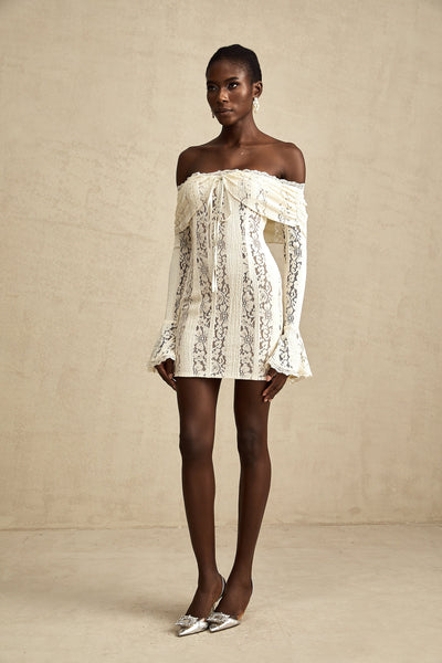 Émeline floral lace flared-cuff mini dress in Neutrals