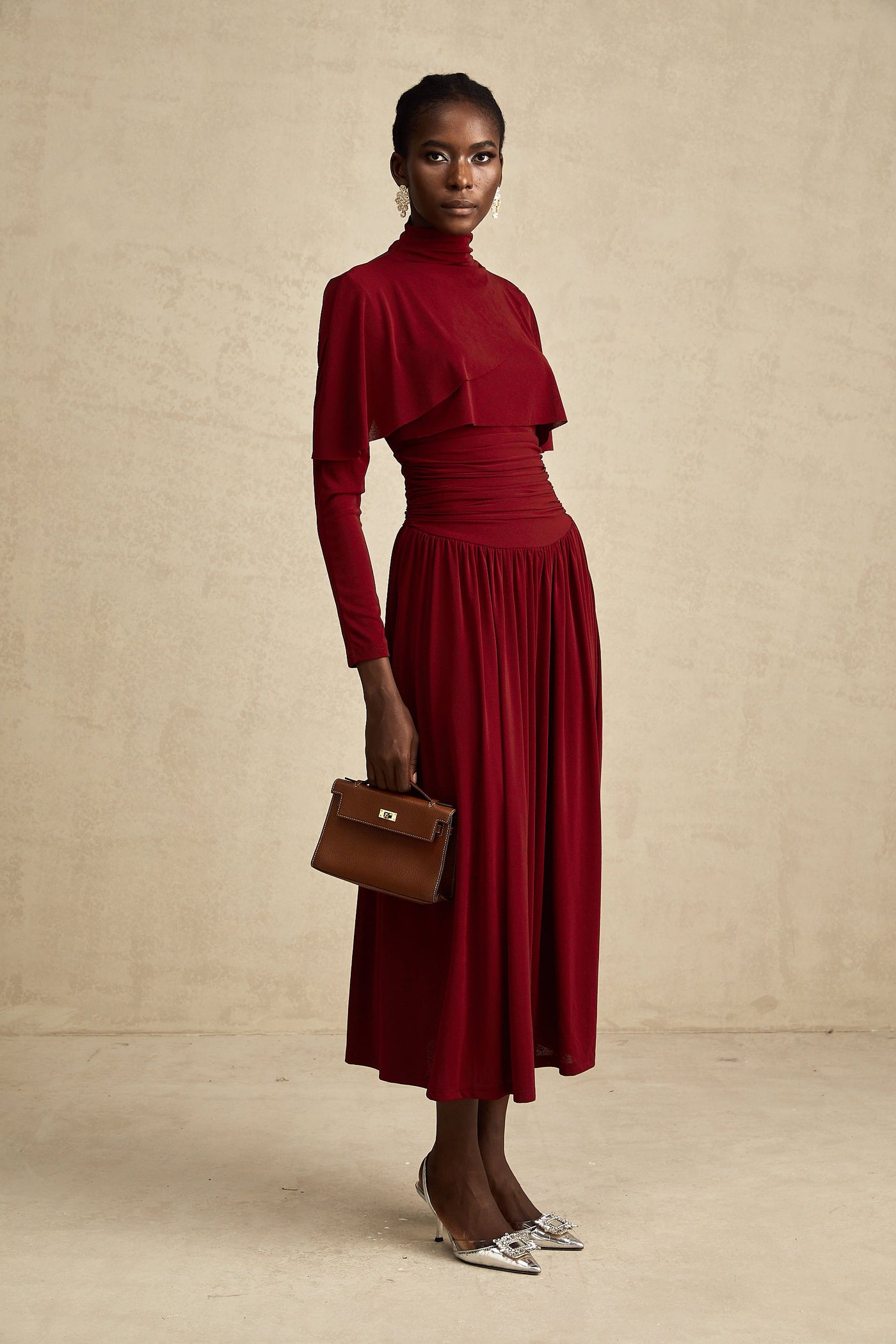 Camille Red Ruched Midi Dress with Flap Design Detail