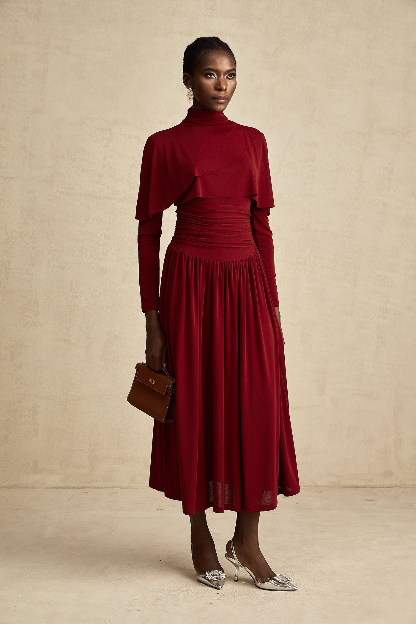 Camille Red Ruched Midi Dress with Flap Design Detail