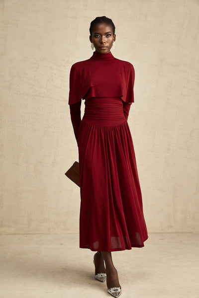 Camille Red Ruched Midi Dress with Flap Design Detail