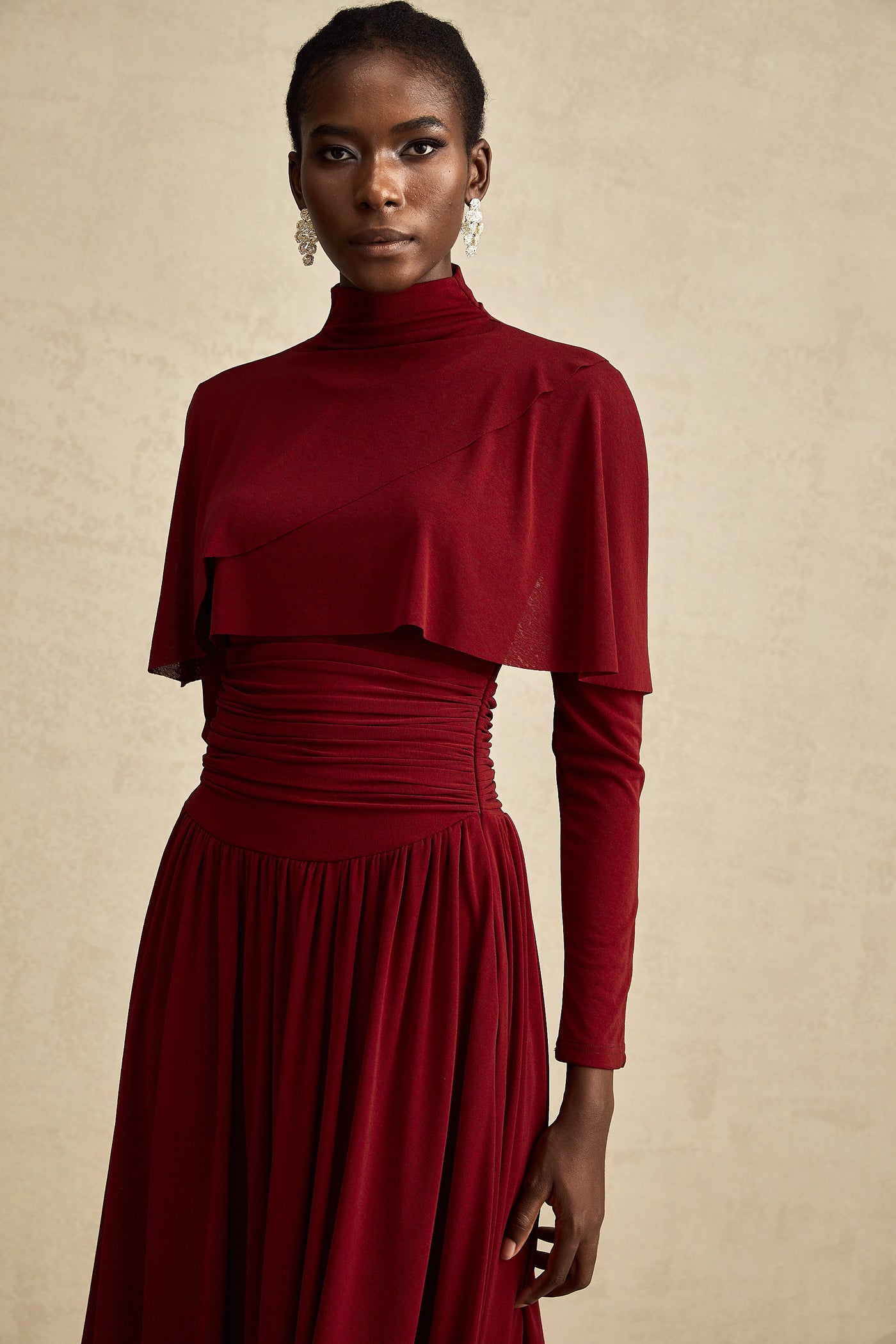 Camille Red Ruched Midi Dress with Flap Design Detail