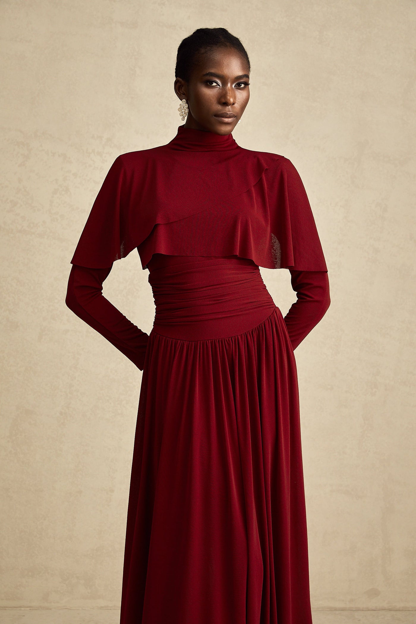 Camille Red Ruched Midi Dress with Flap Design Detail