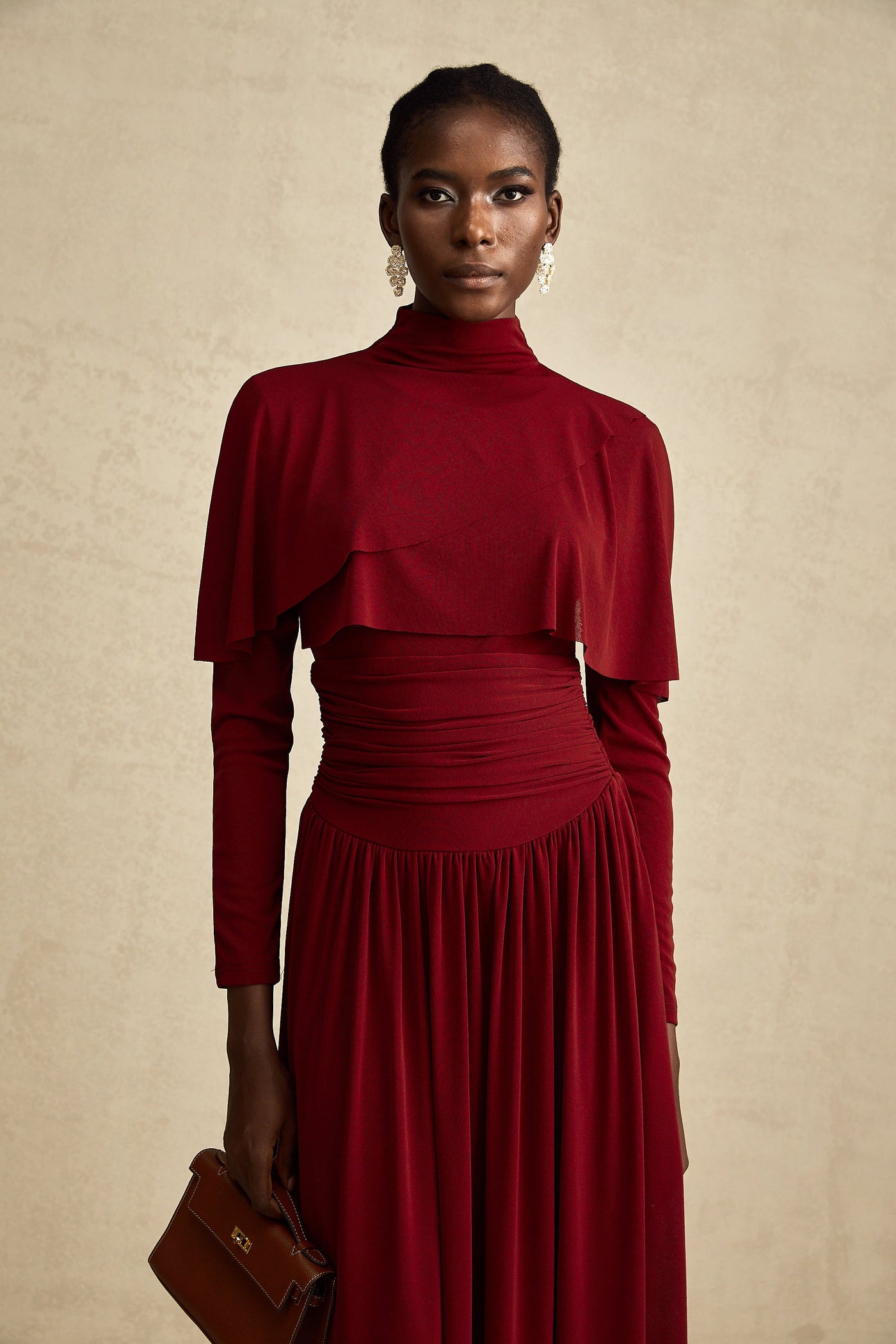 Camille Red Ruched Midi Dress with Flap Design Detail