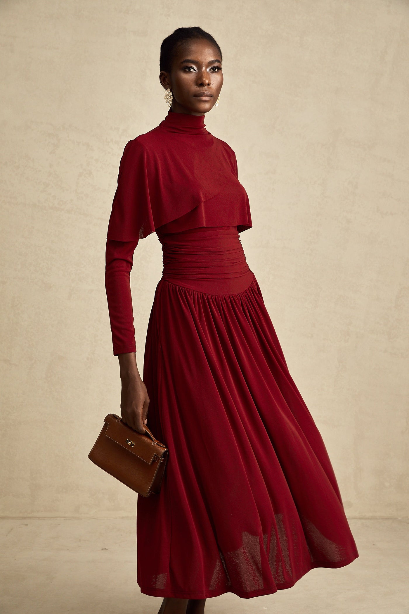 Camille Red Ruched Midi Dress with Flap Design Detail